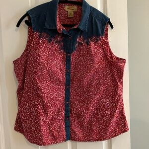 Vintage Wrangler Red Ditsy Floral Button Down with Denim Sleeveless Shirt